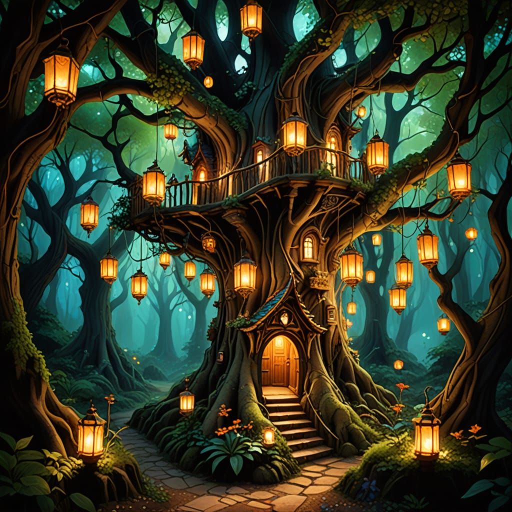 Magical Treehouse in Ancient Forest, Inspired by Miyazaki an...