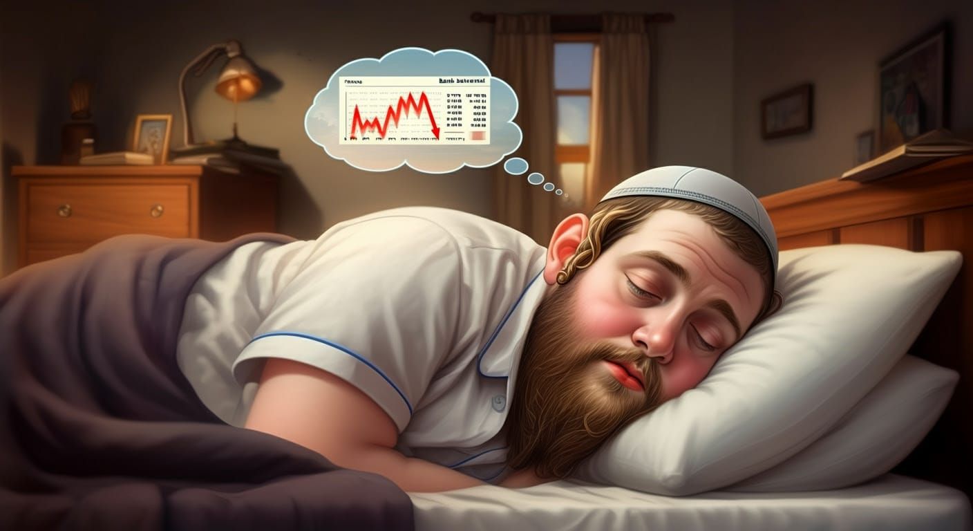 Robust Hasidic Man Lost in Financial Woes in Dreamlike Scene