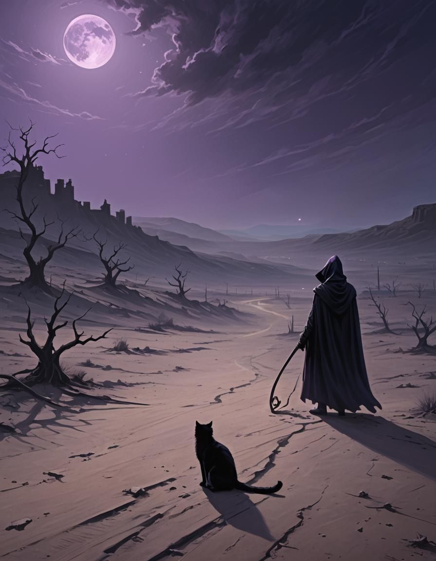 Ethereal Reaper and Feline Companion in Dark Fantasy Style