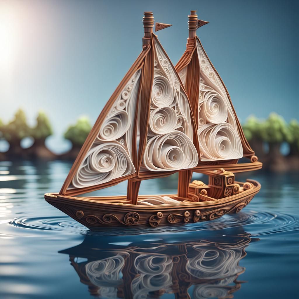 Paper Quilling Sailboat on Water in 3D Cinematic Style