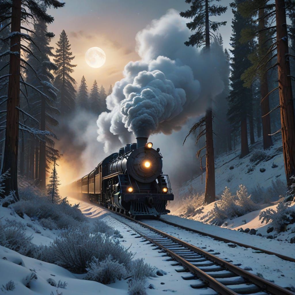 Black Train Roaring Through Snowy Redwood Forest