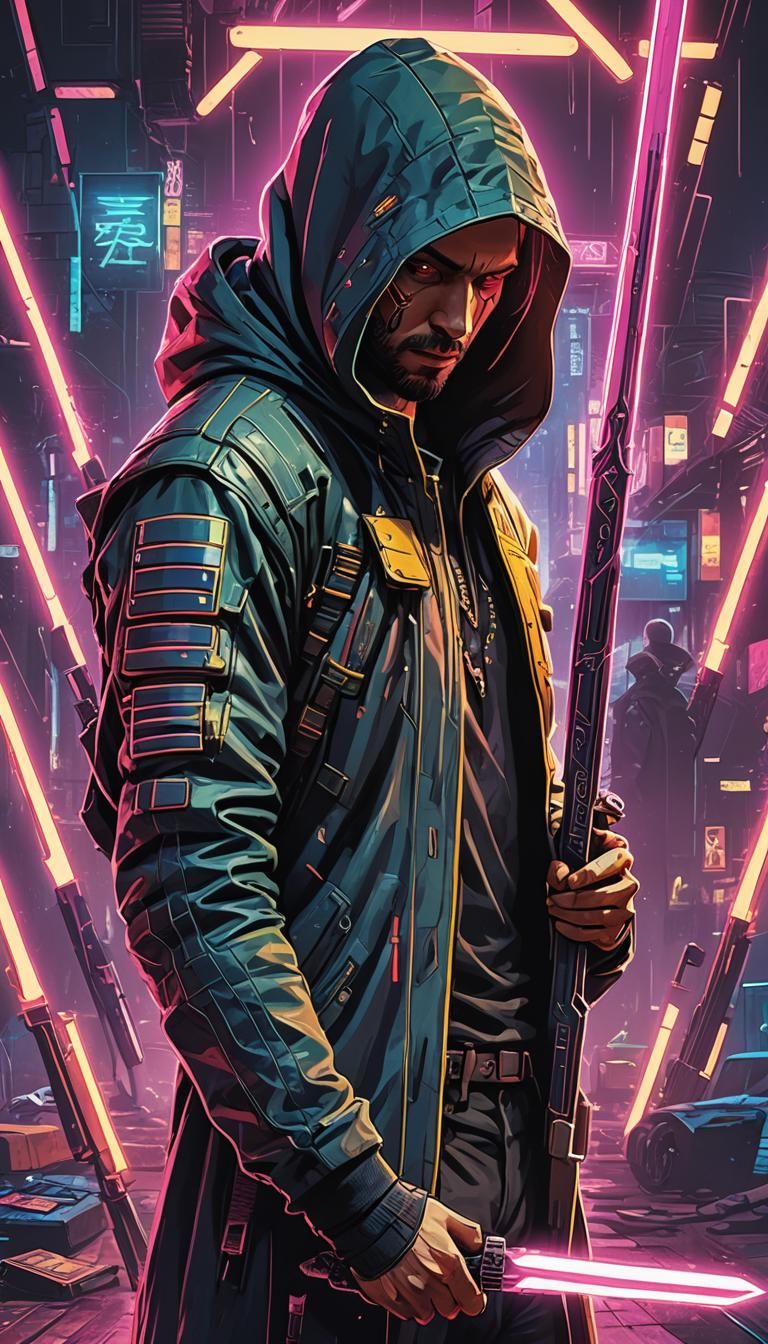 Cyberpunk Seven of Swords Tarot Card