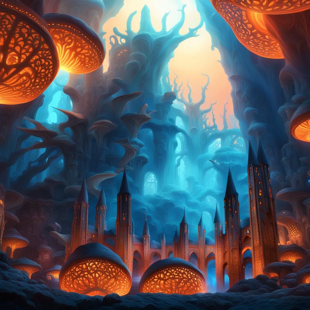 Luminescent Mushrooms in a Fantastical Landscape