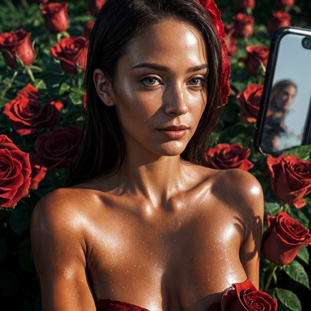 Romantic Red Rose Woman: Topless Selfie