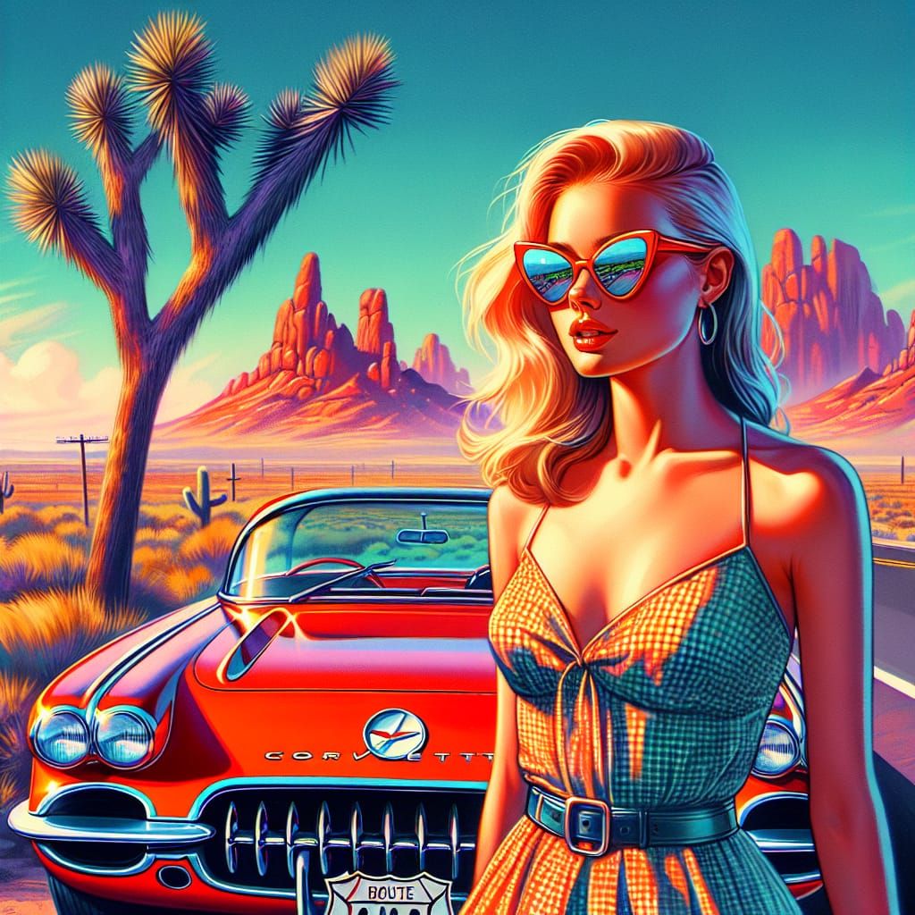 Fantasy Route 66: Woman and Classic Corvette