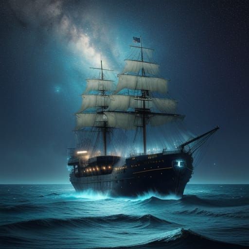 Ethereal Ghost Ship Sails a Mystical Ocean