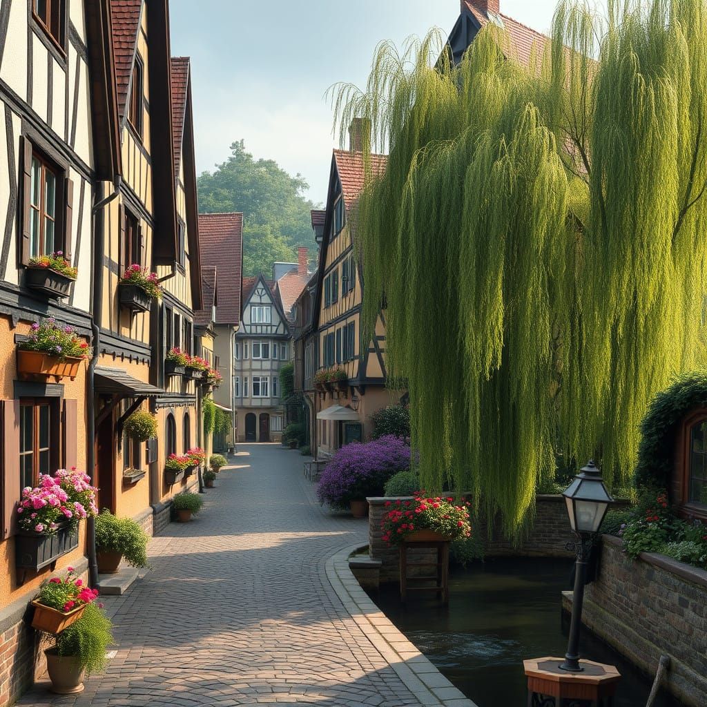 Charming Half-Timbered Houses Along a Serene Creek