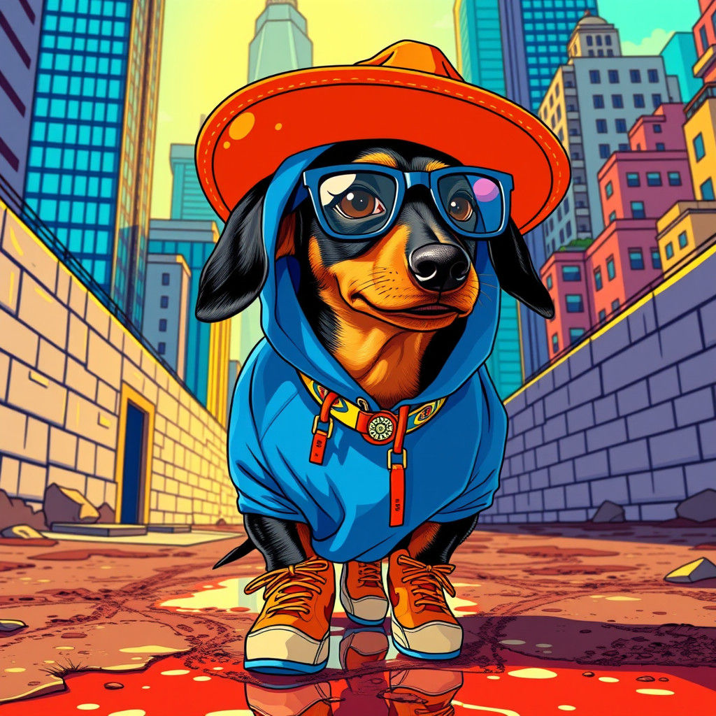 Dachshund in Cartoon City as Pop Art