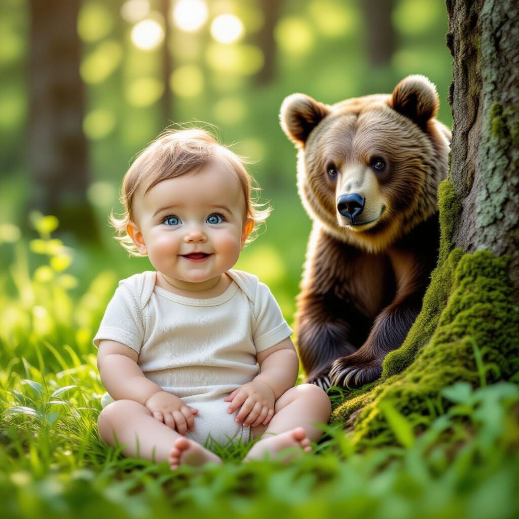 Baby on Green Grass with Bear in Hyperrealistic Style
