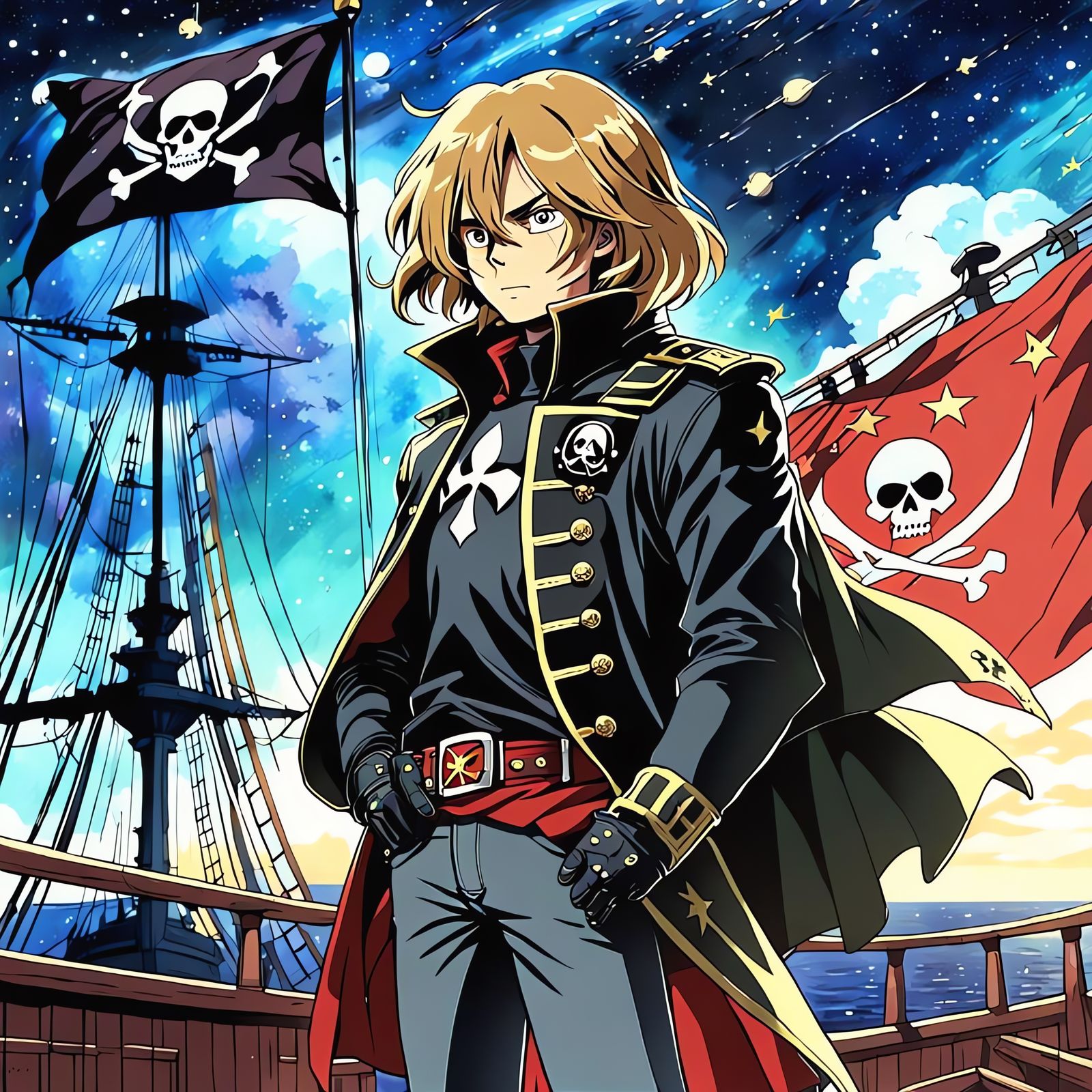 Space Pirate Ship Arcadia with Jolly Roger Flag