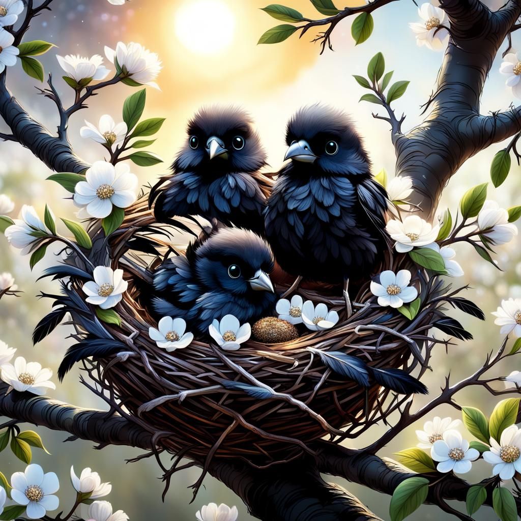 Fluffy Baby Birds in Nest at Sunrise