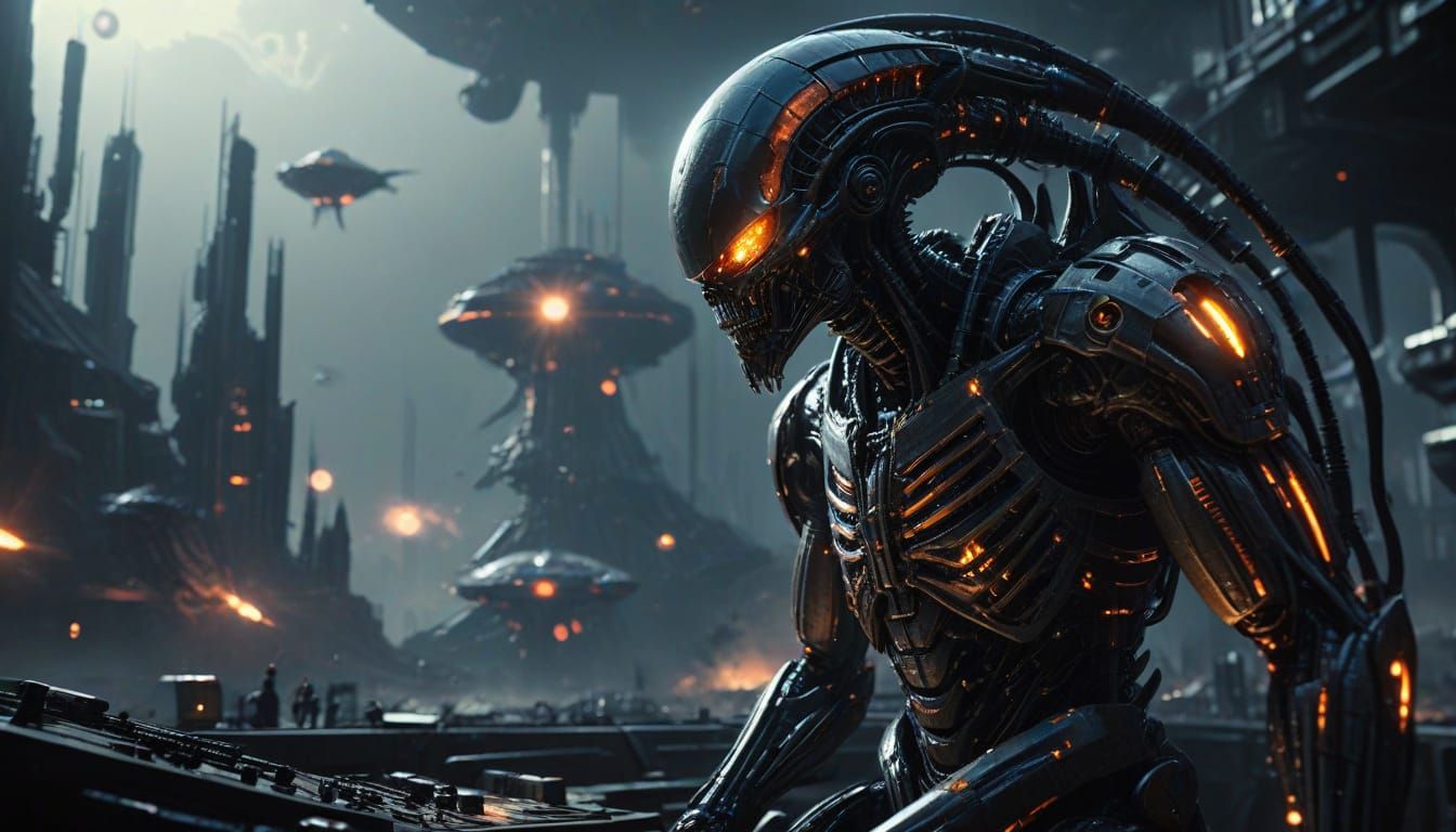 Commander and Crew Battle Alien Starships in a Futuristic Ci...