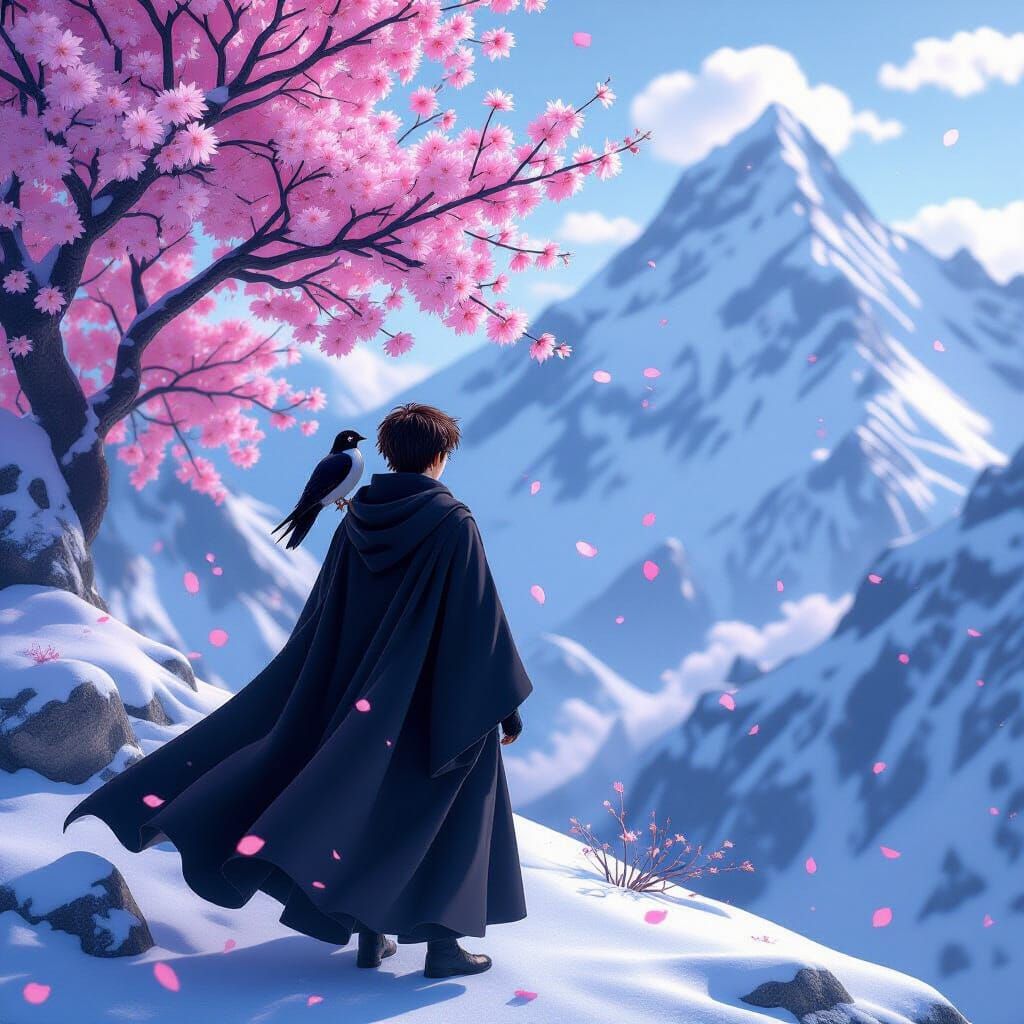 Harry Potter and Hedwig on Snowy Mountain with Cherry Blosso...