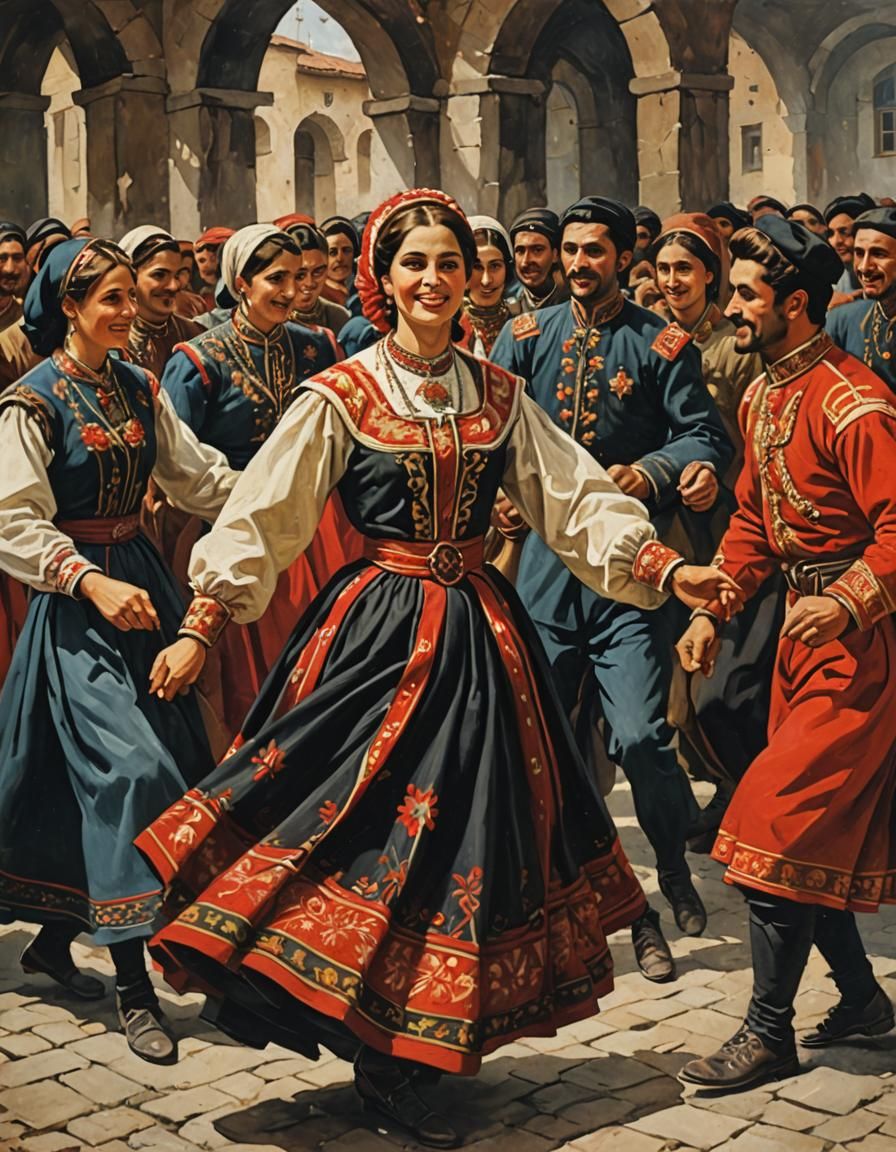 Georgian Dance in Traditional Clothing, Realist Painting