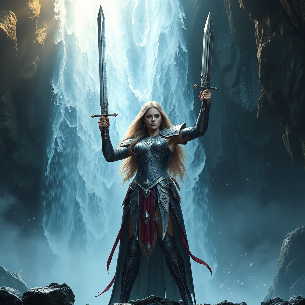 Norse Goddess Freya in Epic Fantasy Waterfall Scene
