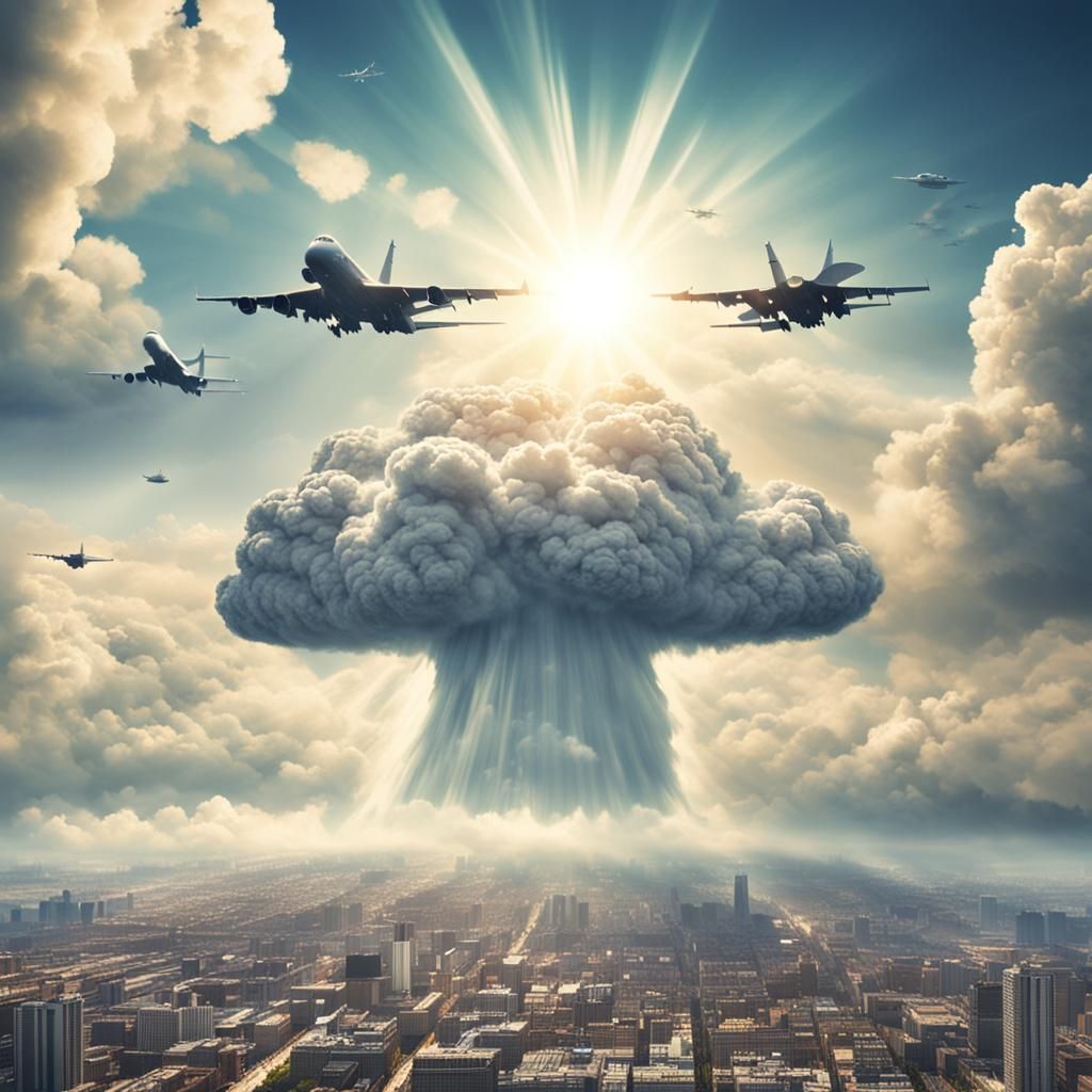 Nuclear Blast Over City with Fighter Jets