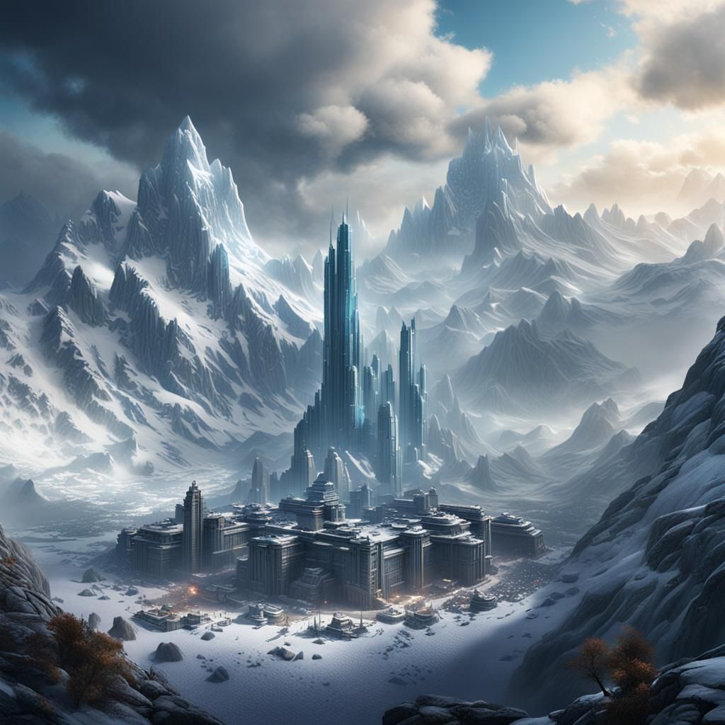 Sci-Fi City in Glacial Mountains, Detailed Matte Painting