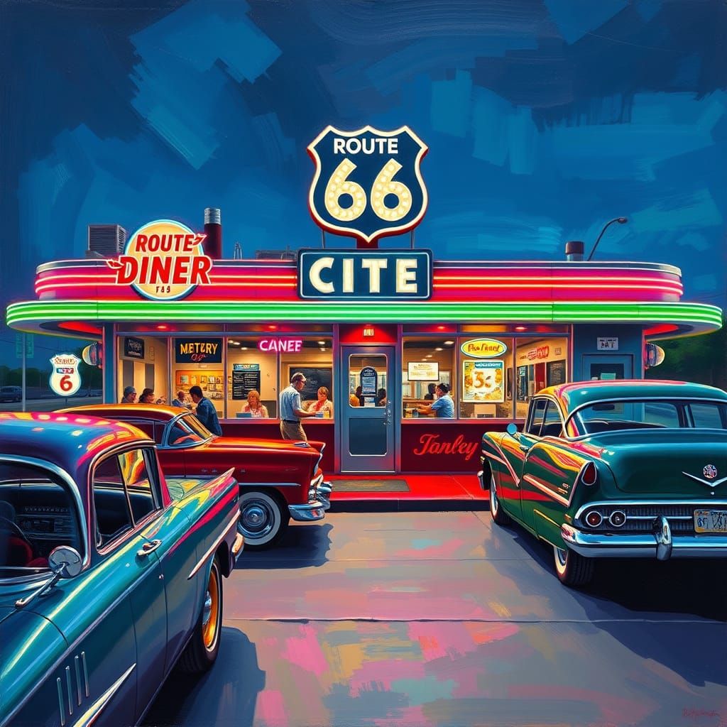 Route 66 Diner Nostalgia: Neon Lights & Classic Cars