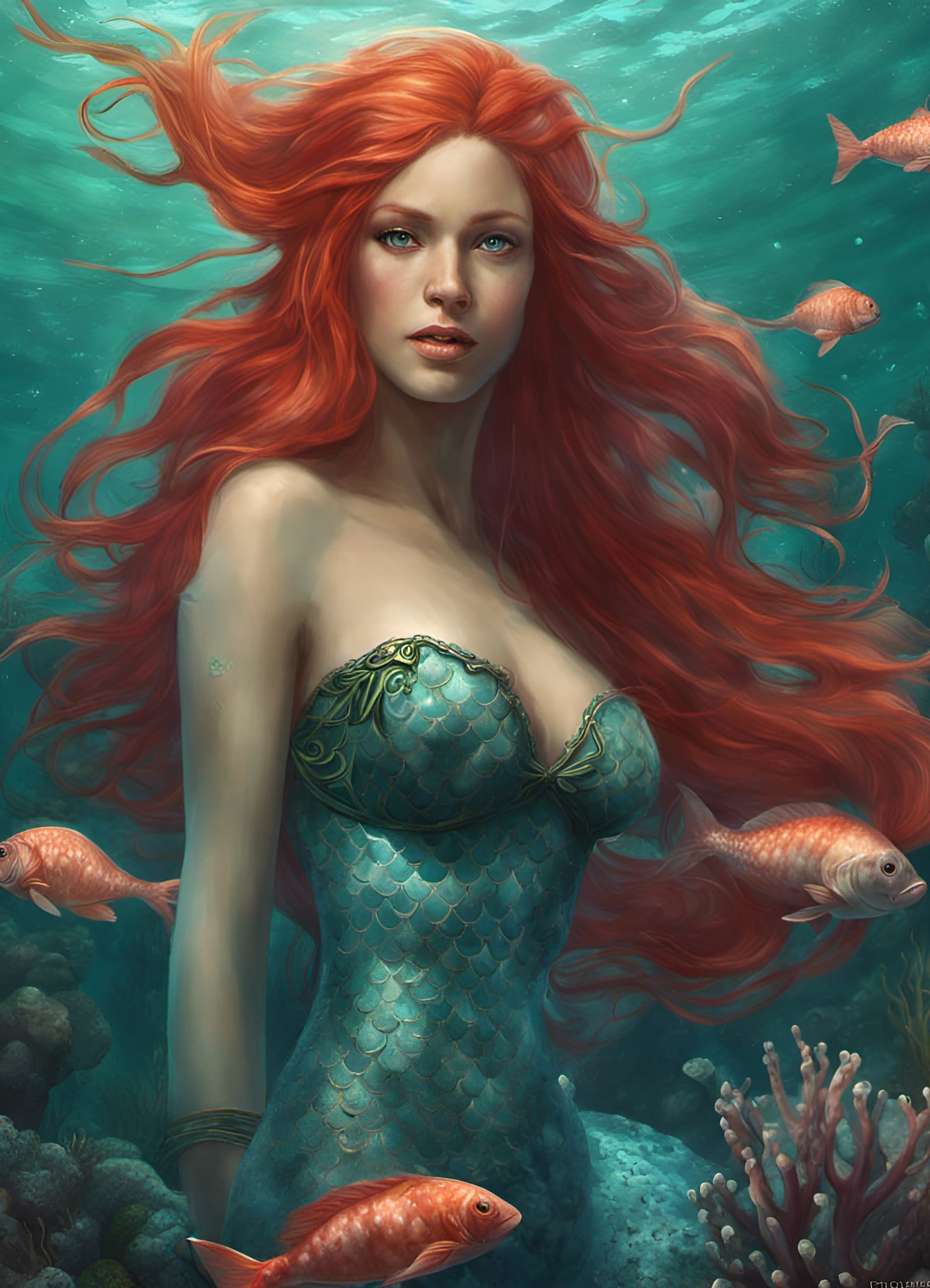 Red-Haired Mermaid in Coral Reef, Fantasy Art