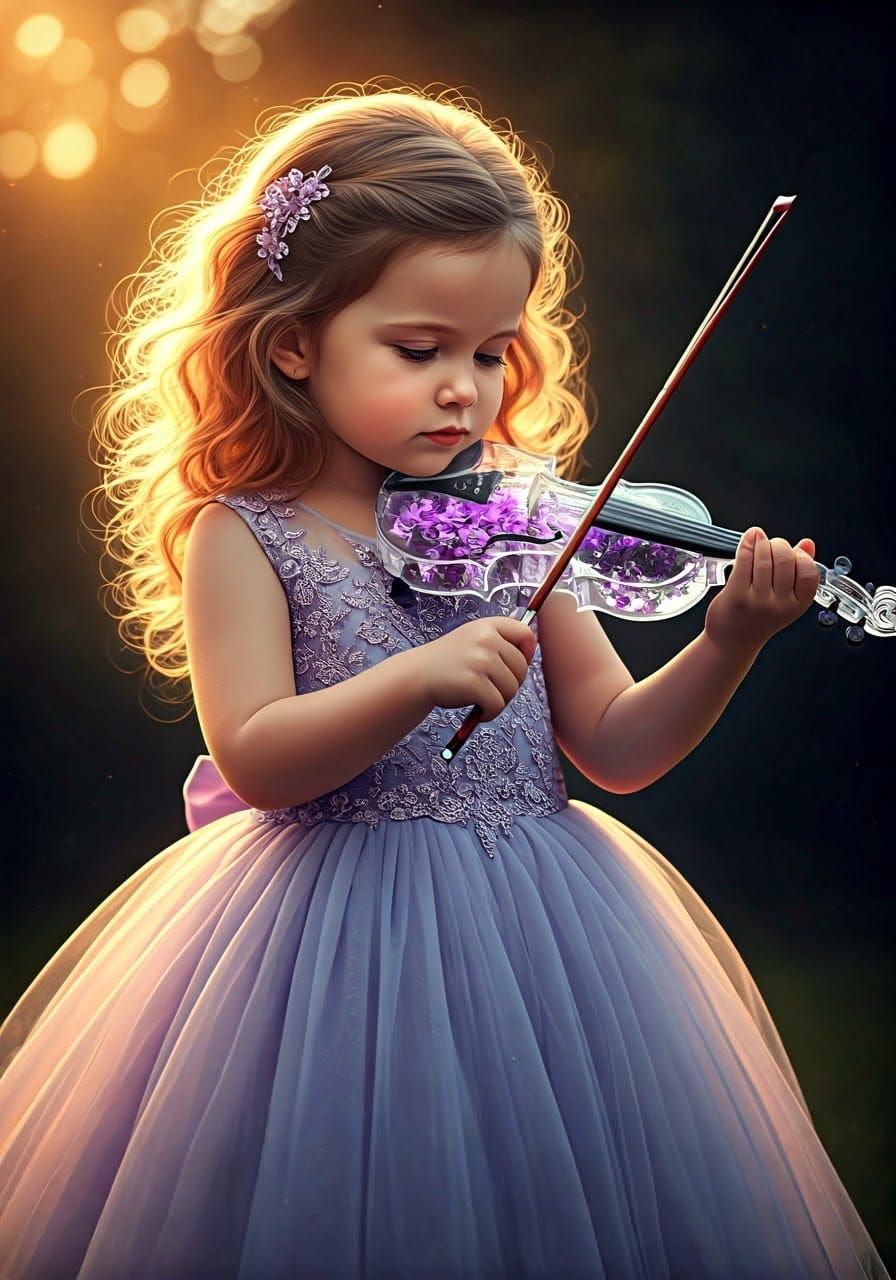 Delicate Lilac Ballerina Plays Crystal Glass Violin Amidst P...
