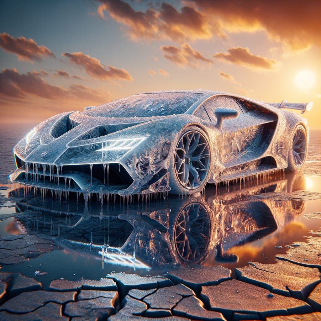 Ice Supercar Melts in Fiery Desert: Photorealistic Render