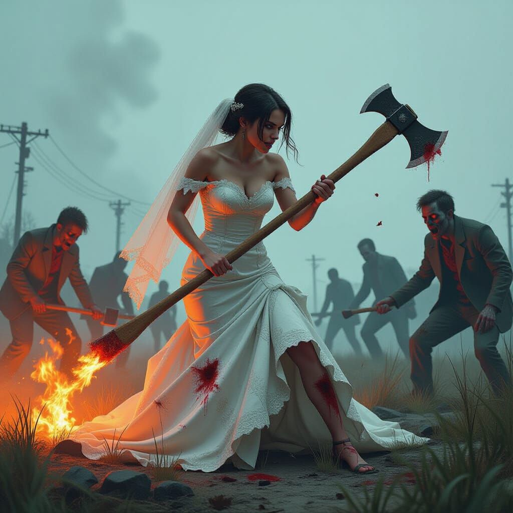Bride vs Zombies in Dystopian Digital Art