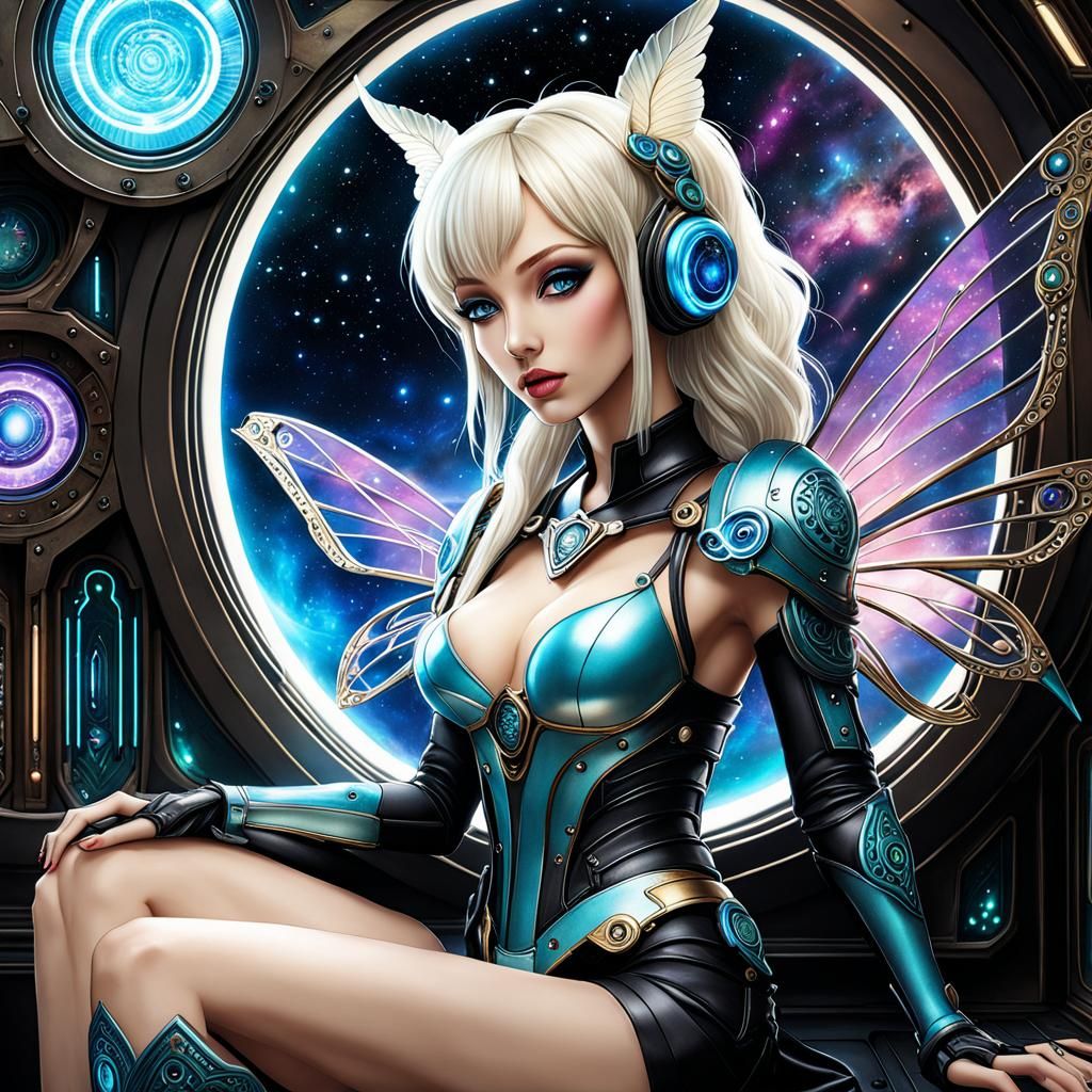 Cyberpunk Fairy in Spaceship Window, Cybernetic Rhythm