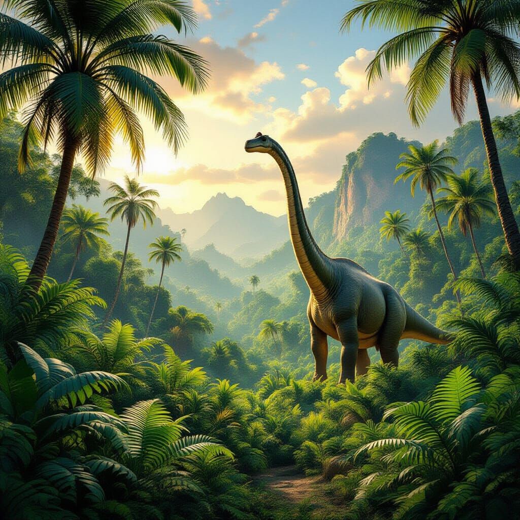Lush Jurassic Jungle with Brachiosaurus in Matte Painting St...