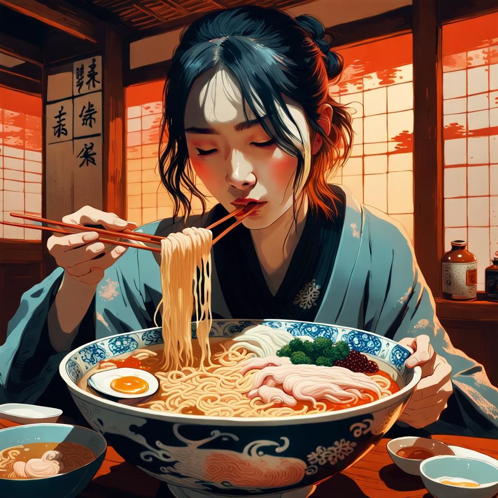 Japanese Woman Eating Ramen: Hyperrealistic Art