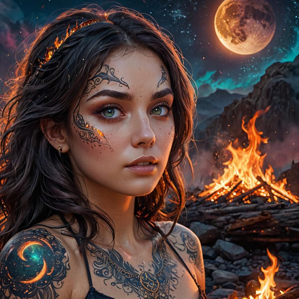 Ethereal Woman Gazing at Fire Under Giant Moon