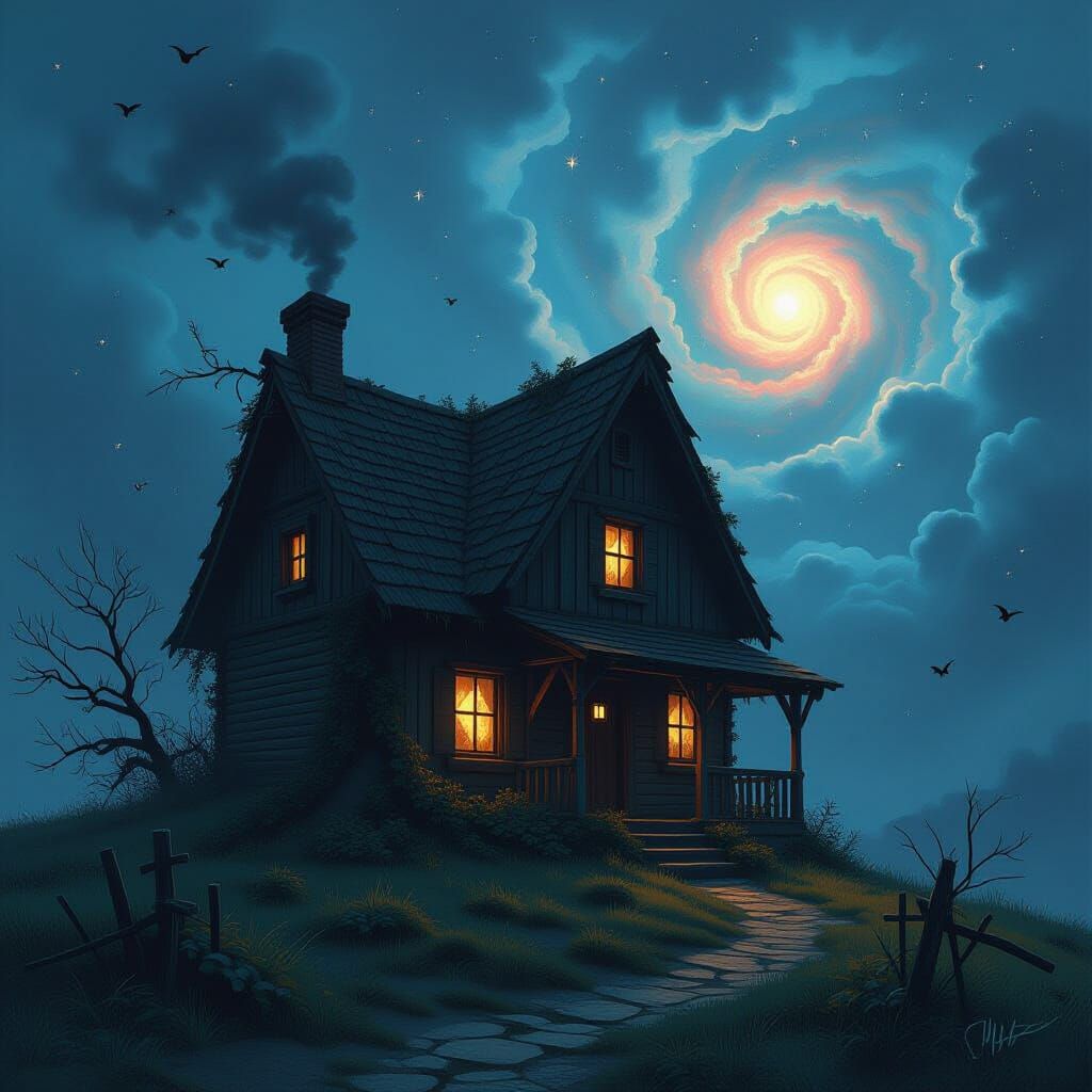 Mystical Cottage on Windswept Hill Under Starry Sky