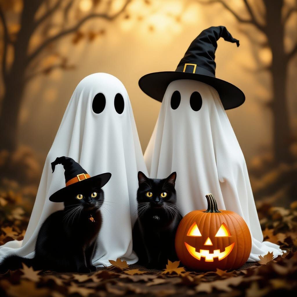 Friendly Halloween Ghost and Cat in Sepia Tones