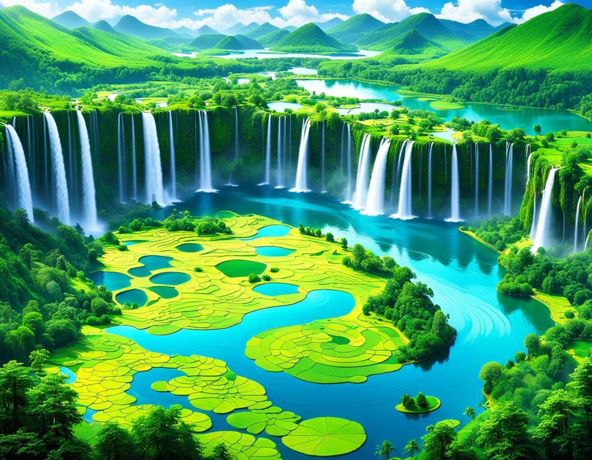 Vibrant Waterfalls and Lakes in Lush Oasis