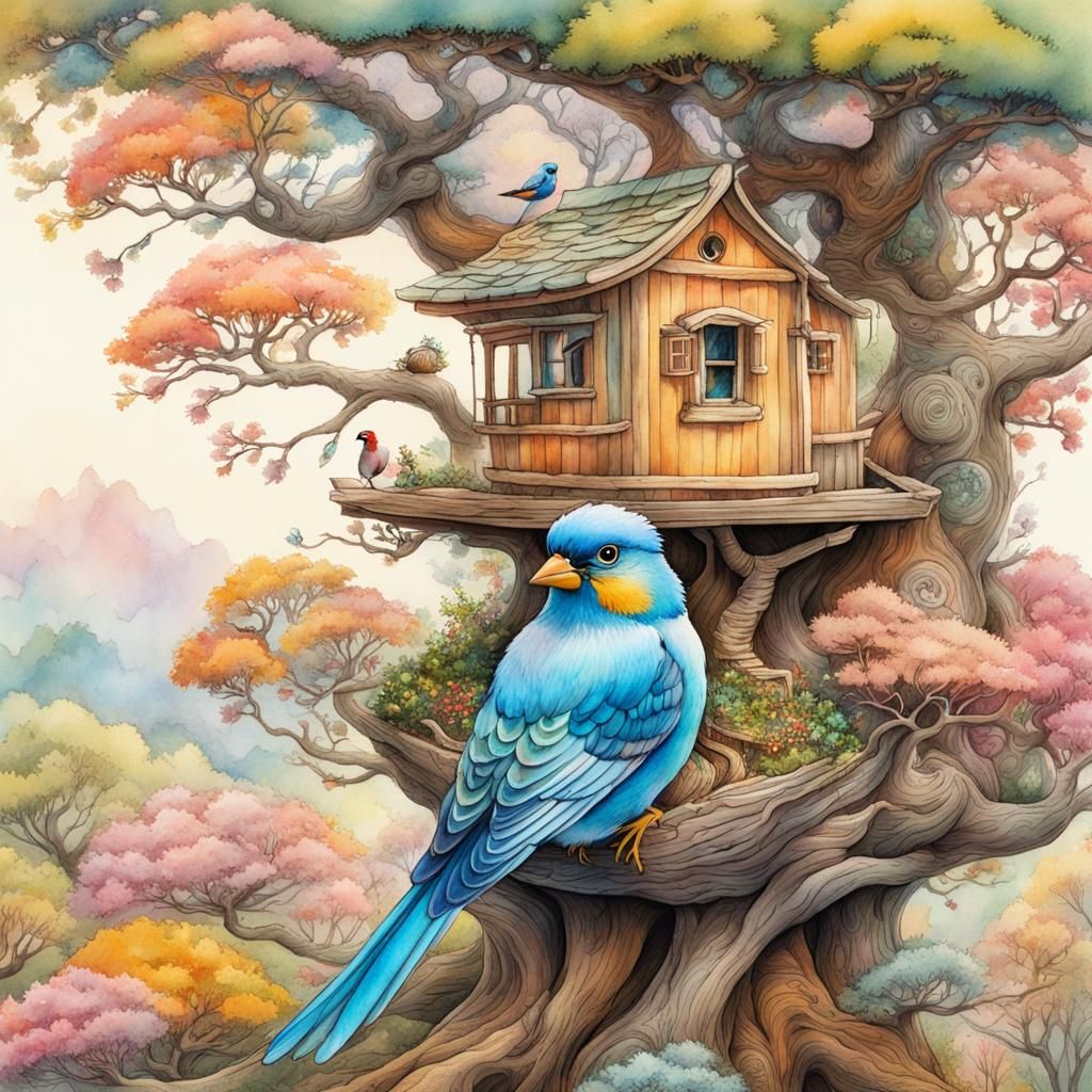 Whimsical Bird Treehouse: Watercolor and Ink Fantasy