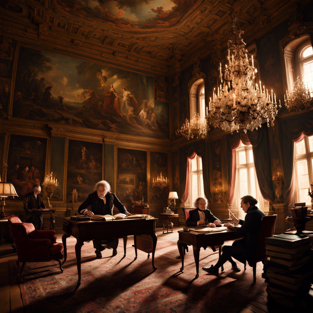 Elegant Dog Reads in a Grand Rococo Library