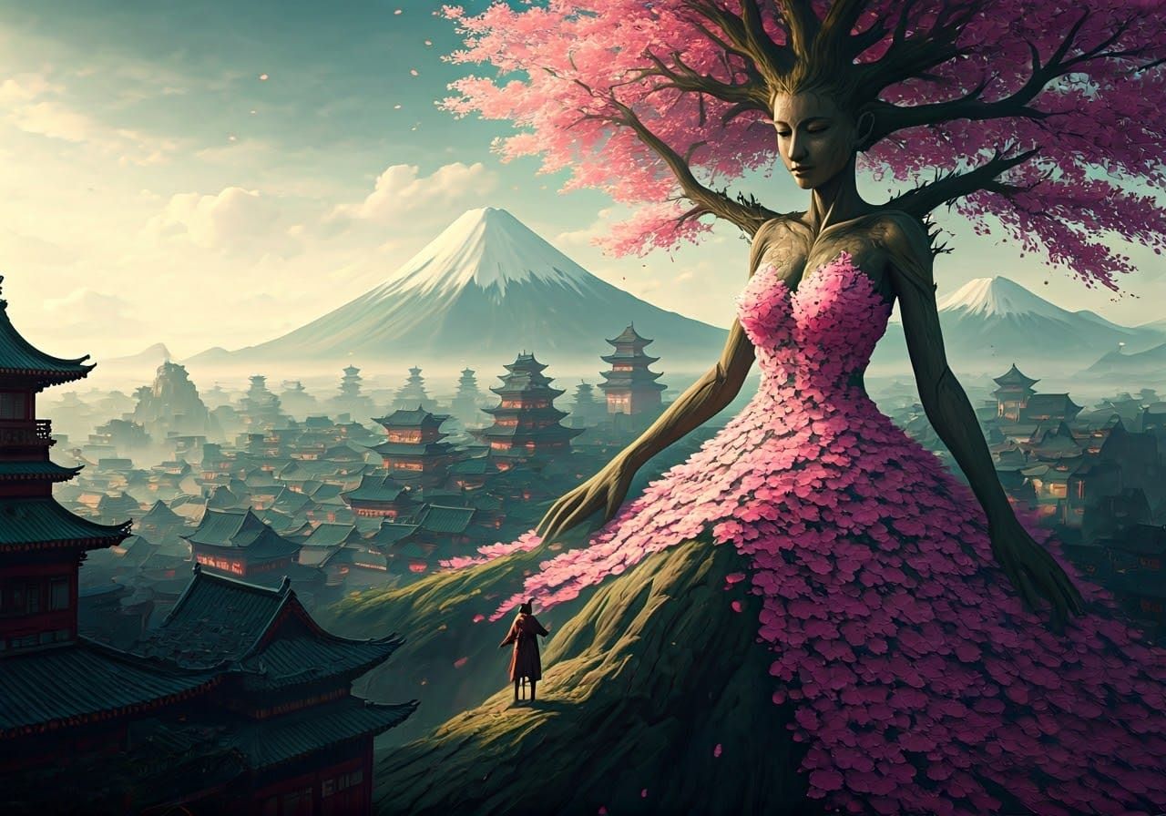 Ancient Japanese Village with Cherry Blossom Goddess