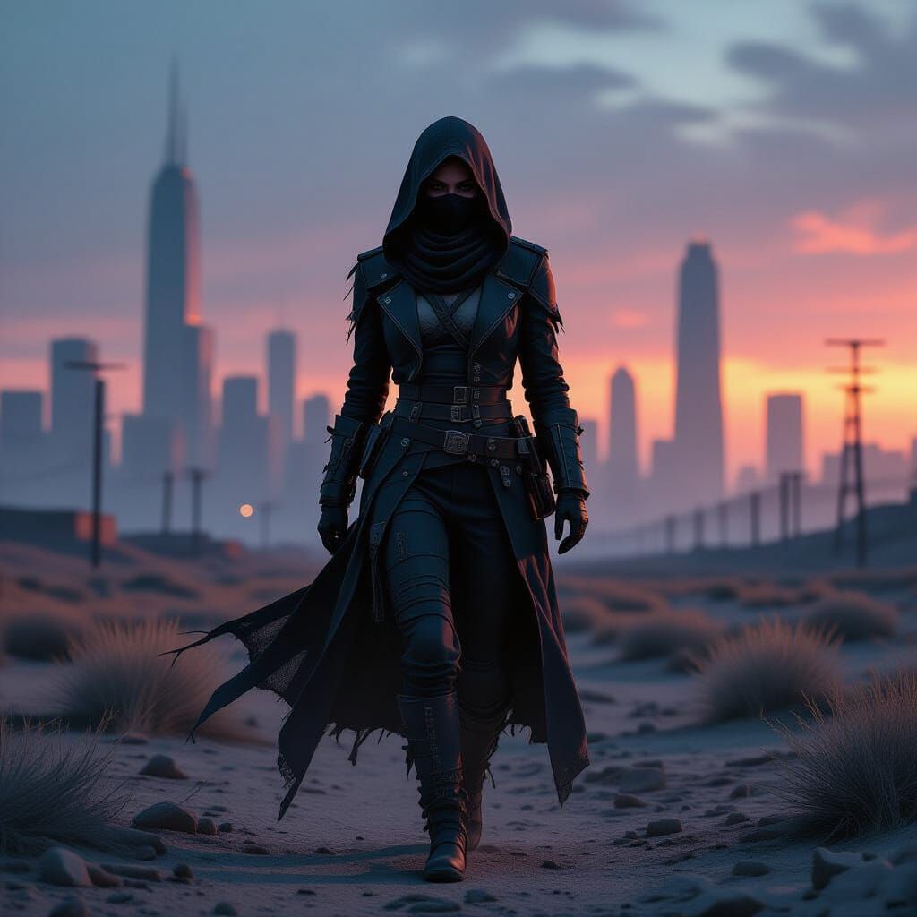 Assassin in Tattered Post-Apocalyptic Fashion Navigates City...