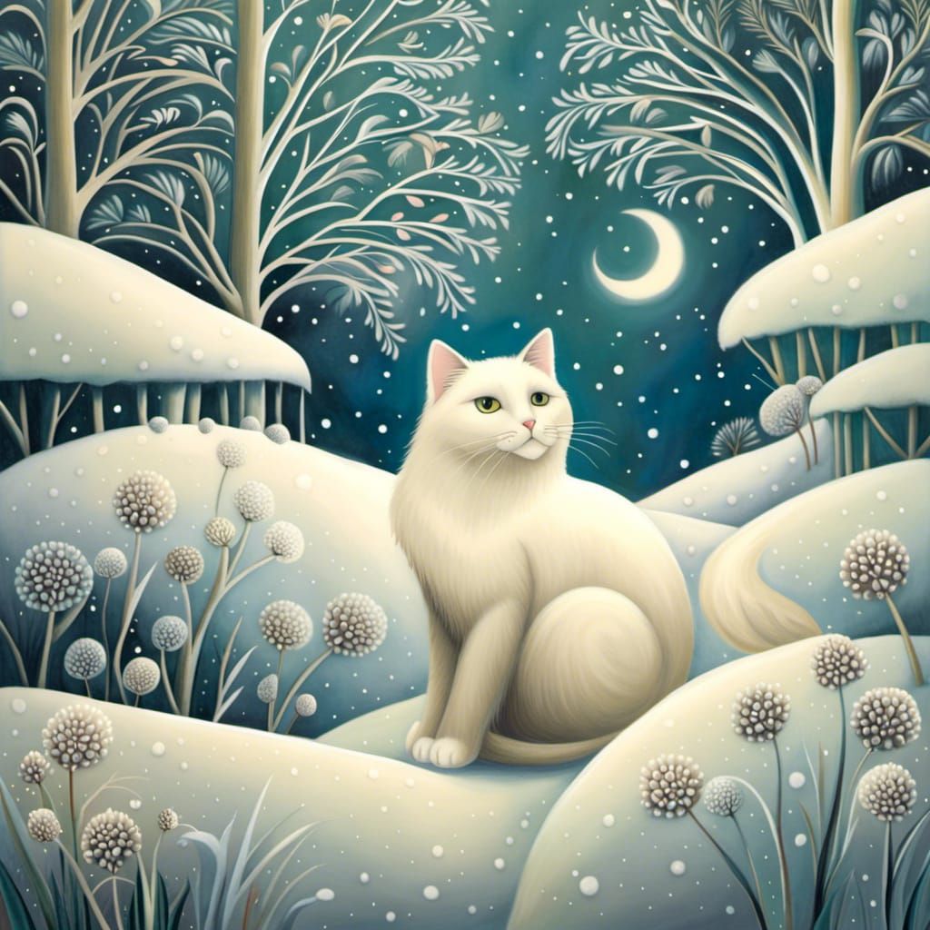 Intricate White Cat in Snowy Garden