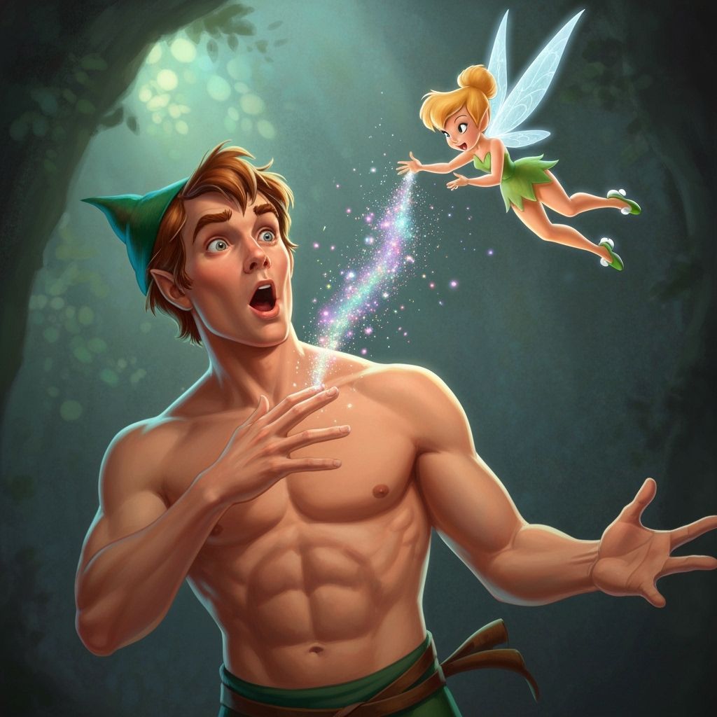 Muscular Peter Pan Surprised by Tinker Bell's Pixie Dust