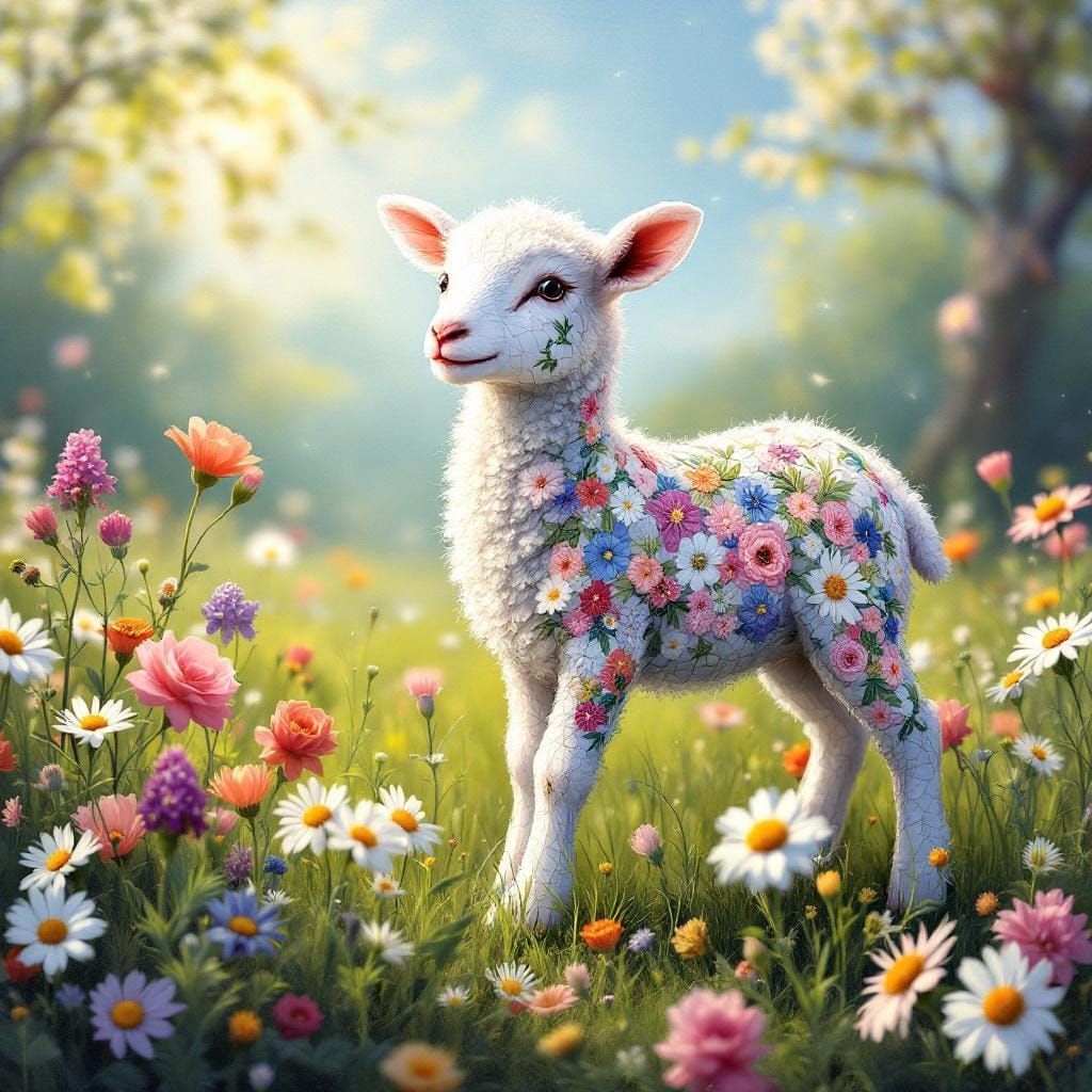 Mosaic Lamb in Meadow with Floral Tiles