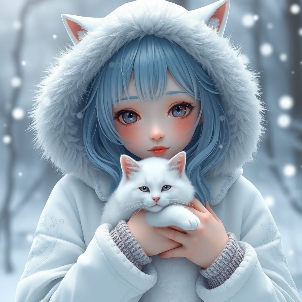 Anime Girl with Cat in Winter Wonderland