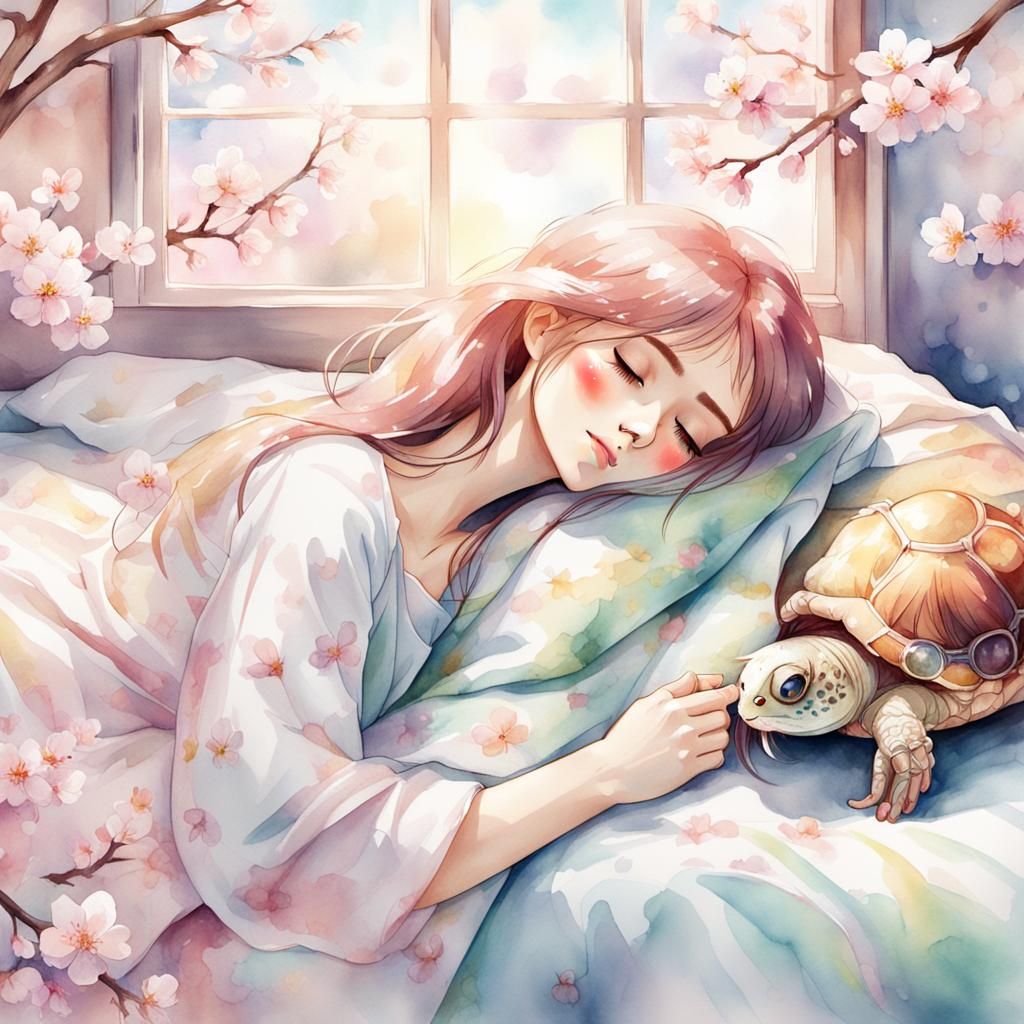 Anime Girl Sleeping on Turtle Bed: Watercolor Illustration