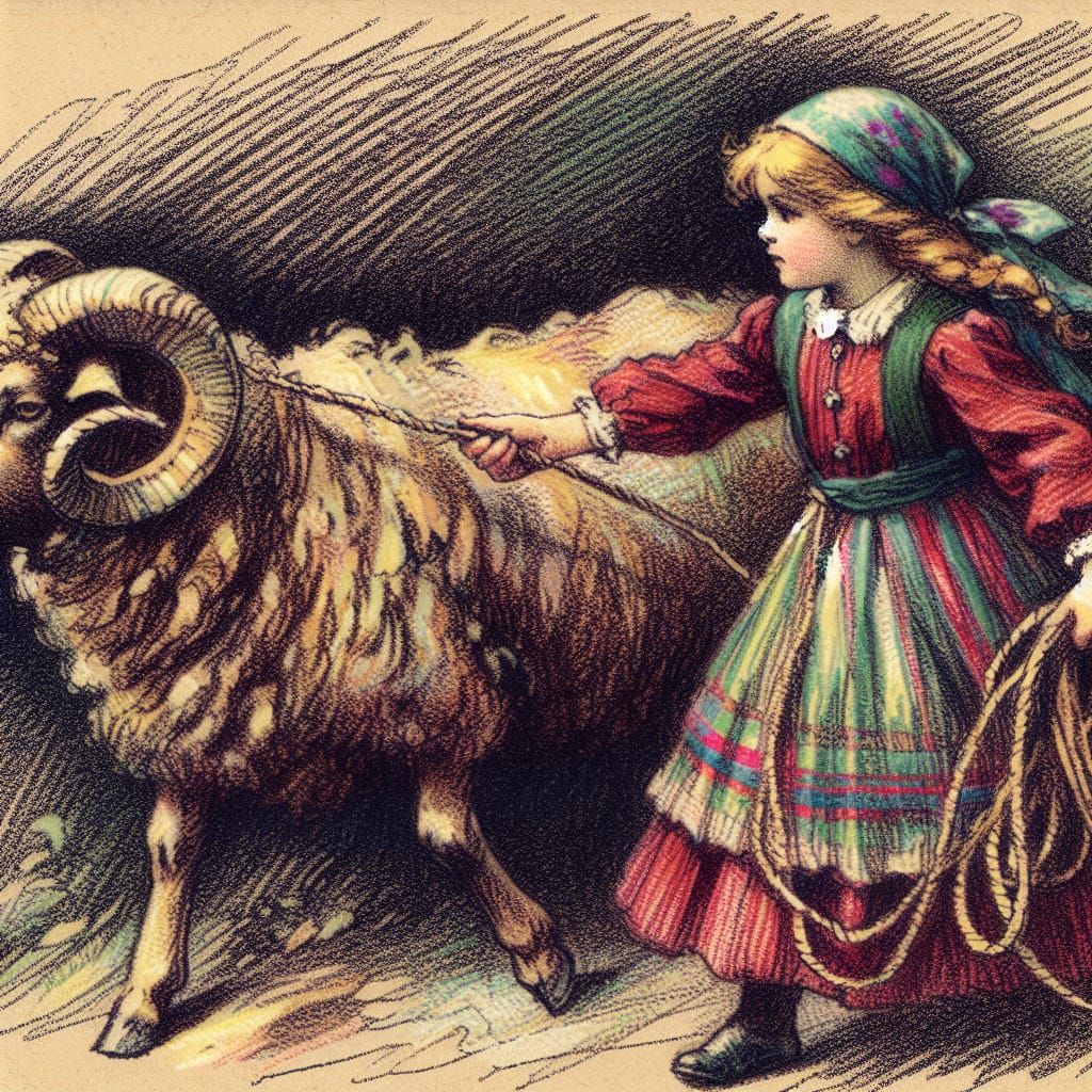 Young Girl Guides a Ram in Vintage Illustration Style