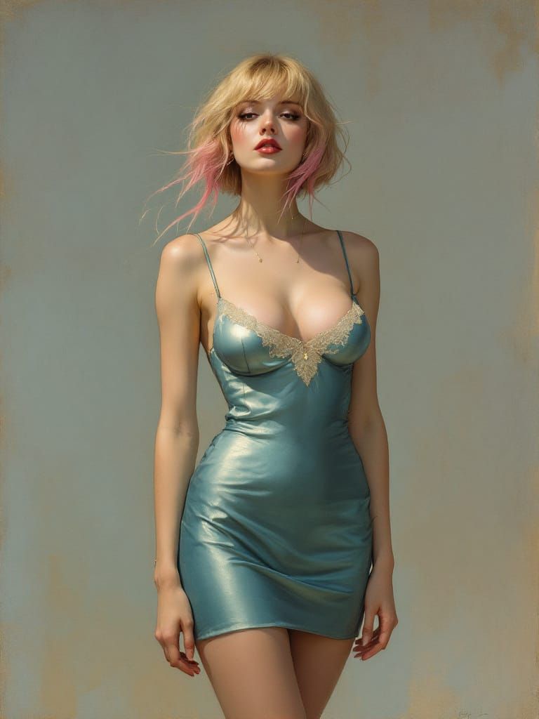 Pin Up Woman With Pink Tipped Hair in Metallic Dress