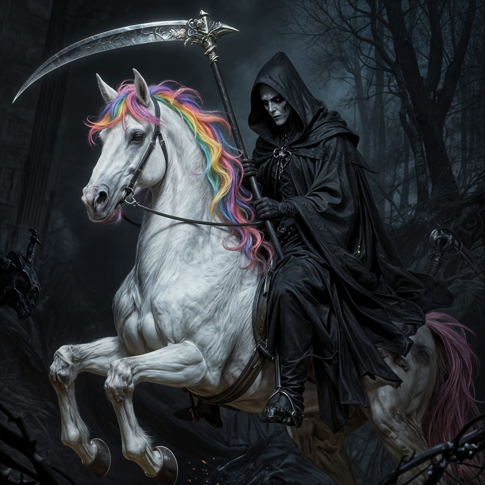 Grim Reaper Rides Unicorn in Gothic Style