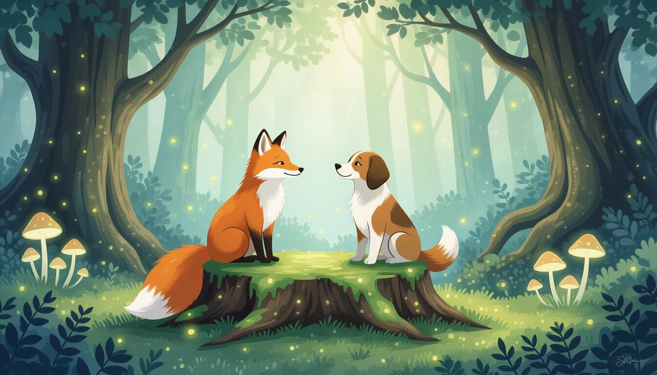 Enchanted Forest Clearing with Fox and Hound in Soft Light