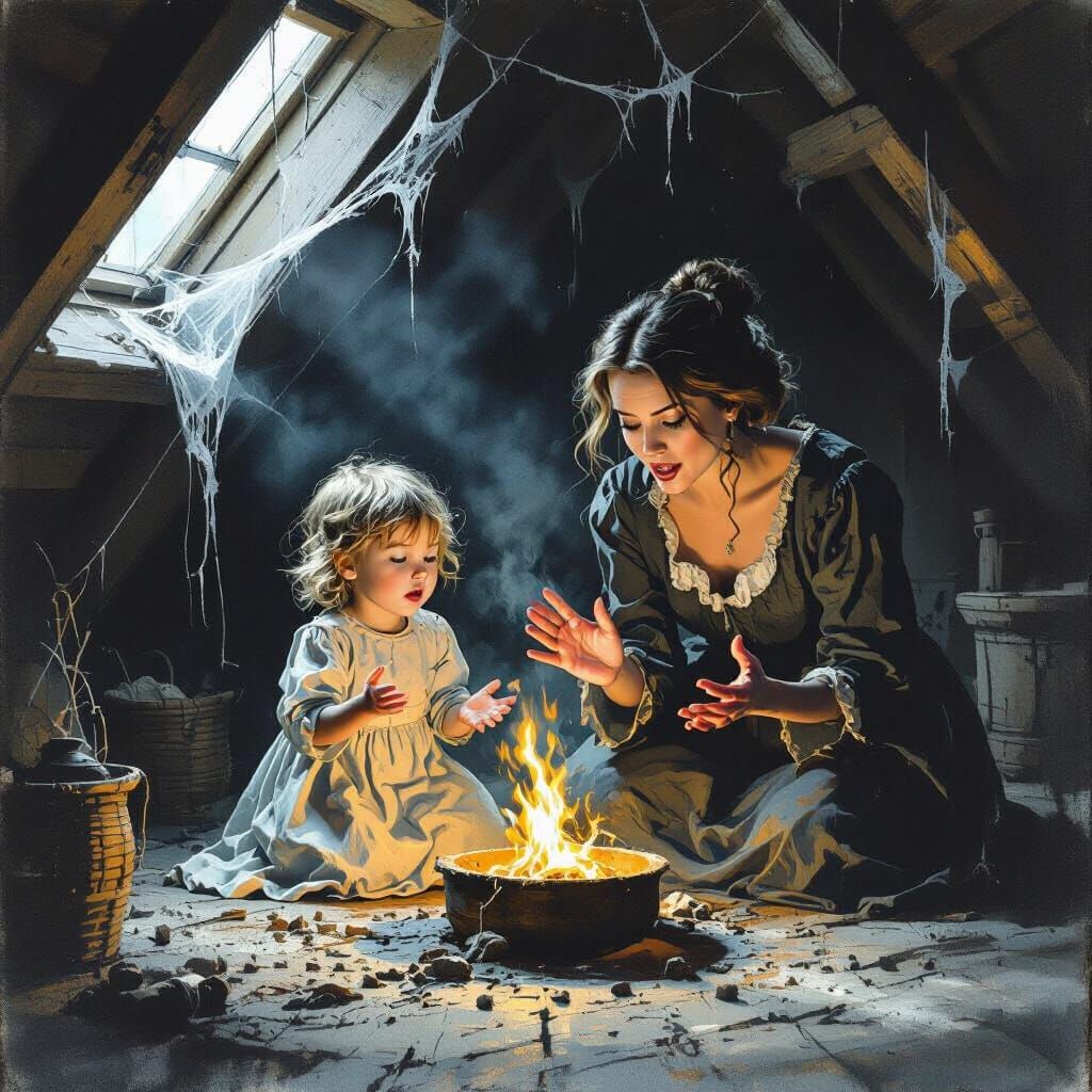 Darkly Humorous Attic Ritual in Gothic Style