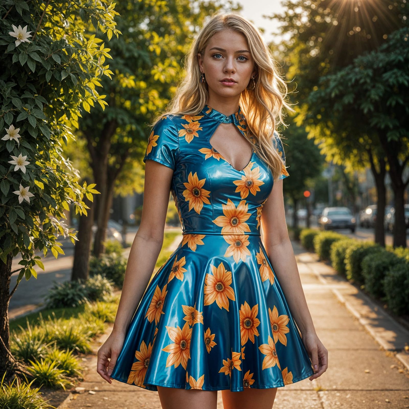 Statuesque Woman in Floral Latex Dress, Cinematic Realism