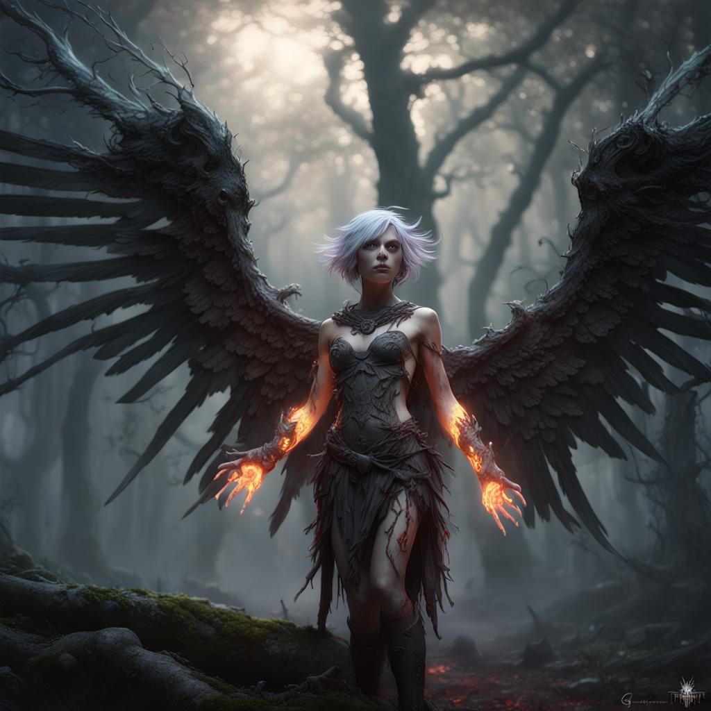 Winged Girl Heals in Forest, Dark Fantasy Art
