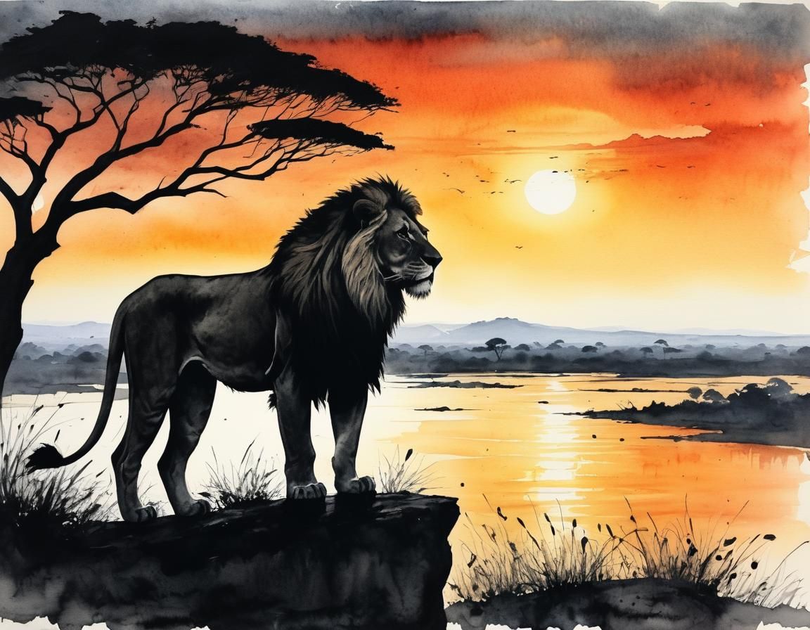 African Savannah Sunset: Lion Silhouette in Watercolor